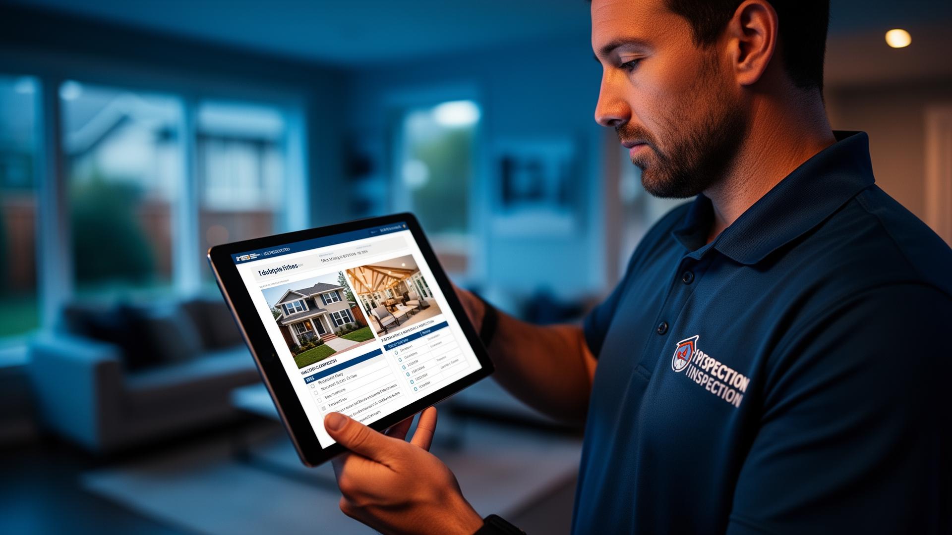 Property inspector reviewing AI-generated inspection report on tablet